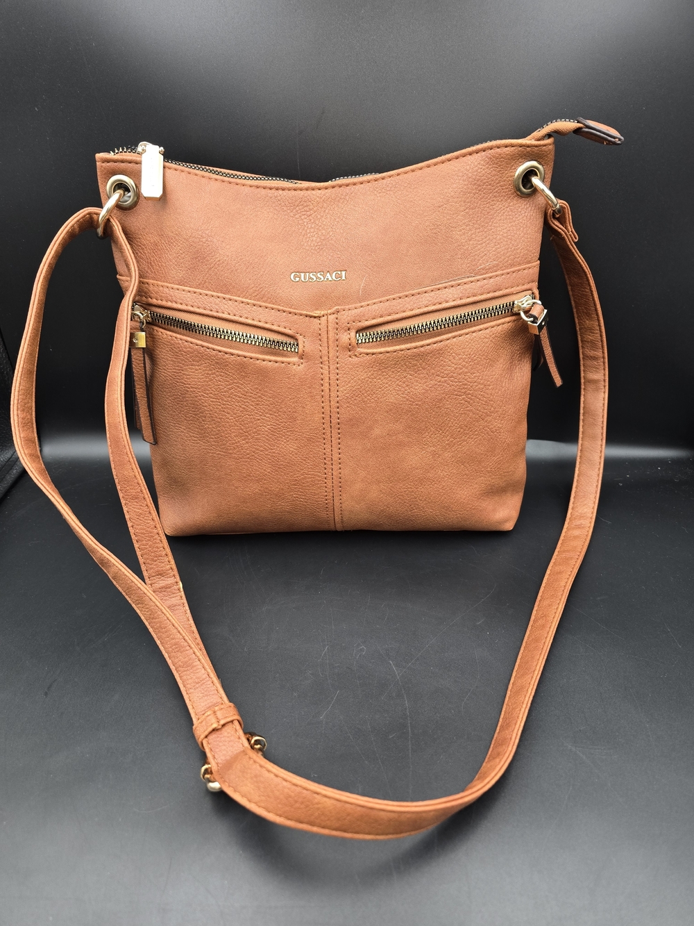 Gussaci Tan Leather-Look Crossbody Bag with Front Zip Pockets